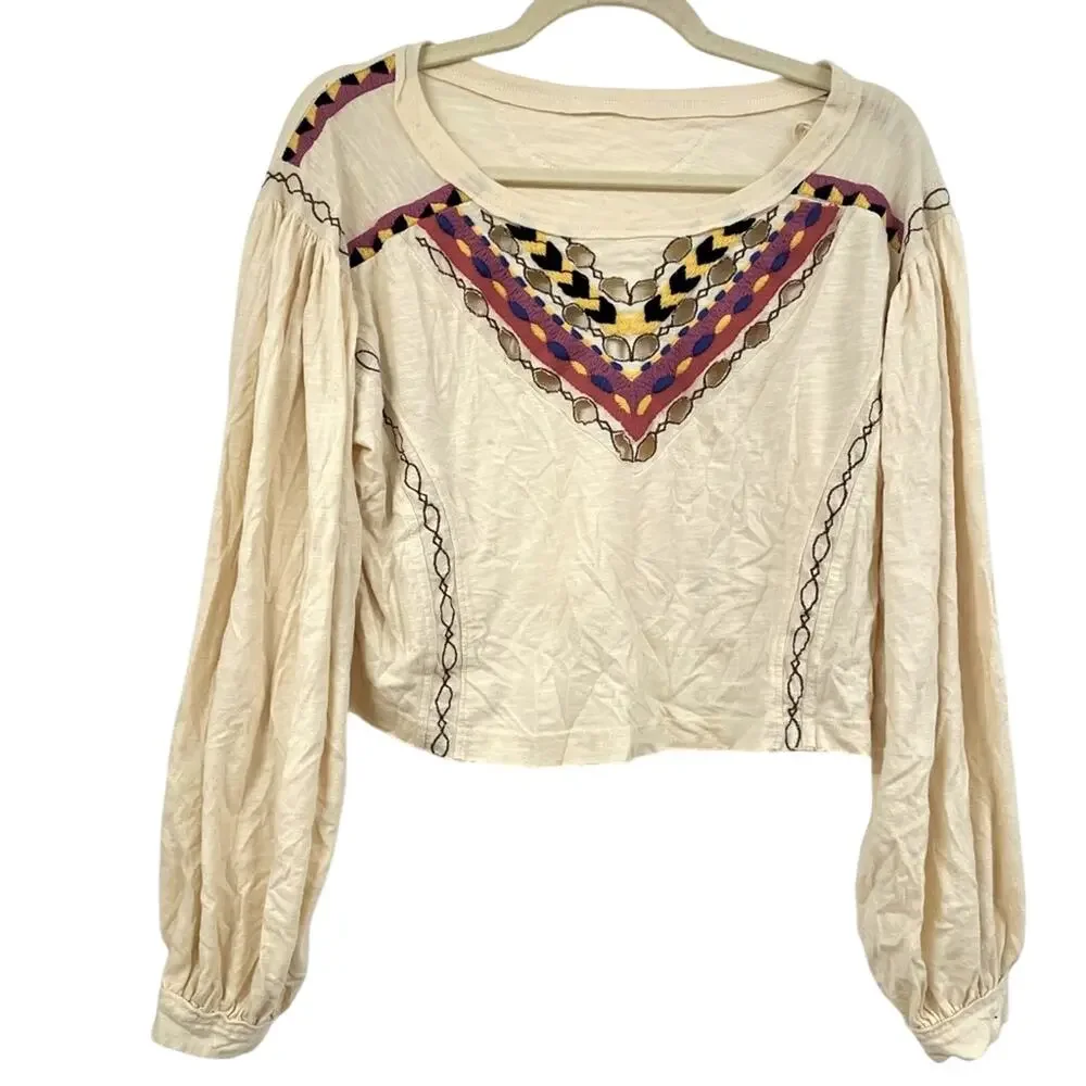Free People Cream Embroidered Boho Cropped Balloon Sleeve Blouse Womens S Fall